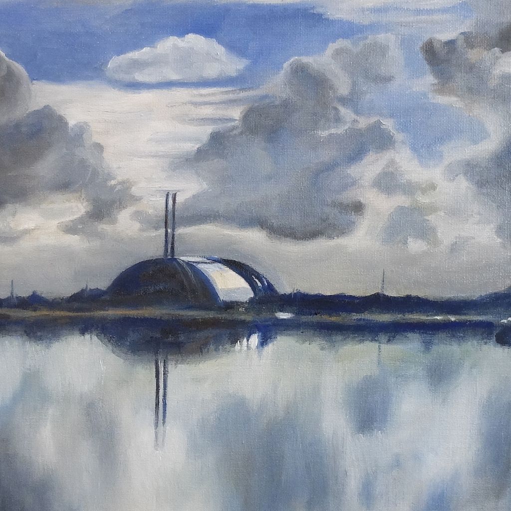 A painting of the waste incinerator at Newhaven in East Sussex. This painting shows the incinerator reflected in the river ouse.